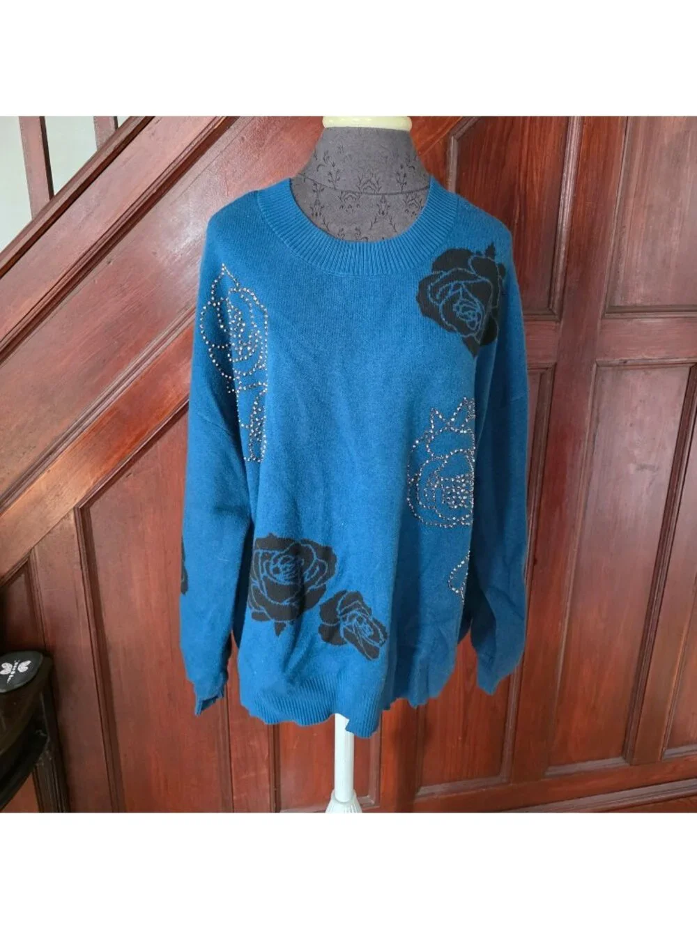 Torrid Blue Sweater With Black Rose Pattern & Rhinestone Accents Size 1